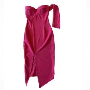Boohoo Night Off The Shoulder Curved Neckline Midi Asymmetric Bodycon Dress SZ 4